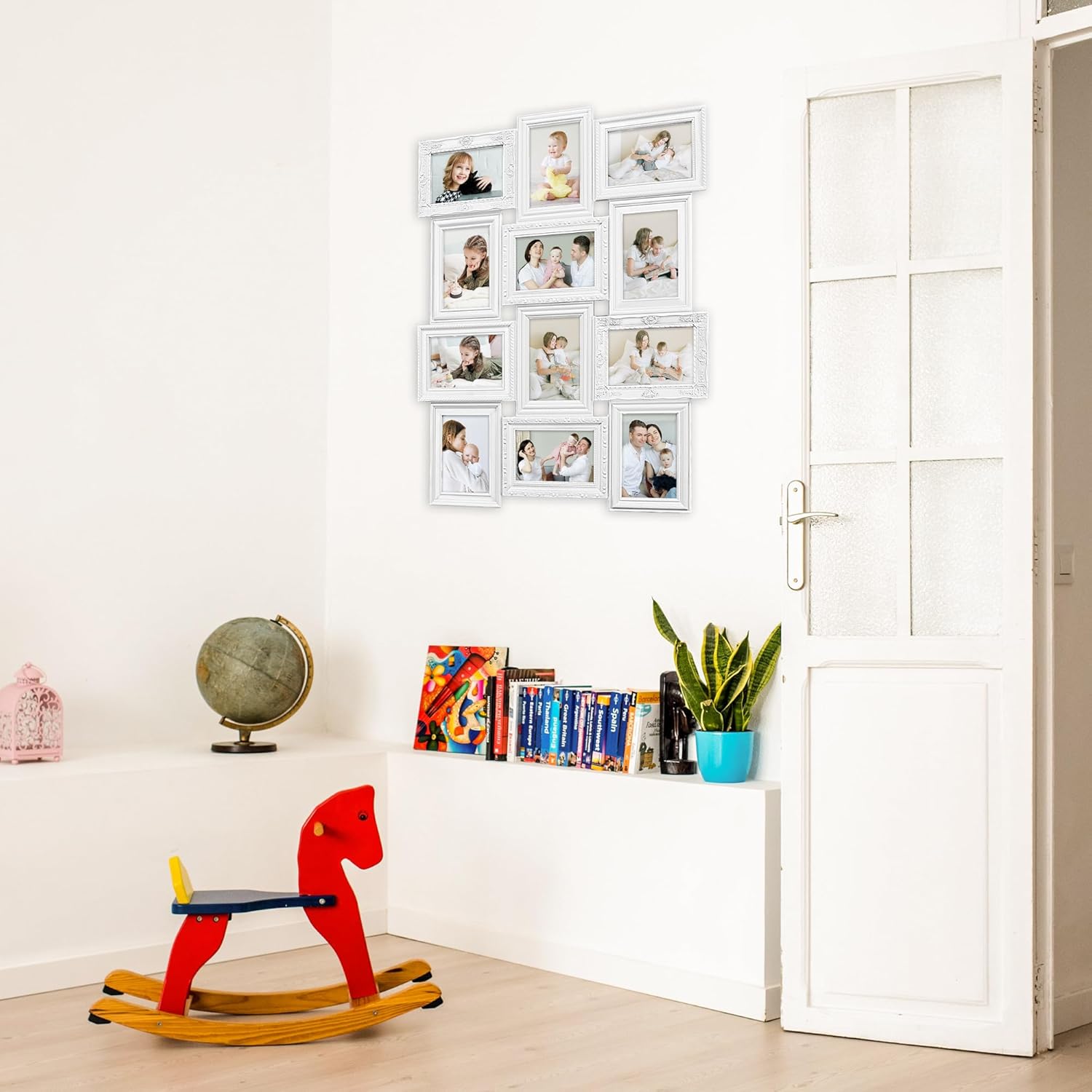 HELLO LAURA - Photo Collage Frames for Wall White Curved Classic European Style 12 Opening 27" x 20.5" Wall Hanging Picture Frame Collage 4" x 6" Photo Sockets x 12 | Gallery Style