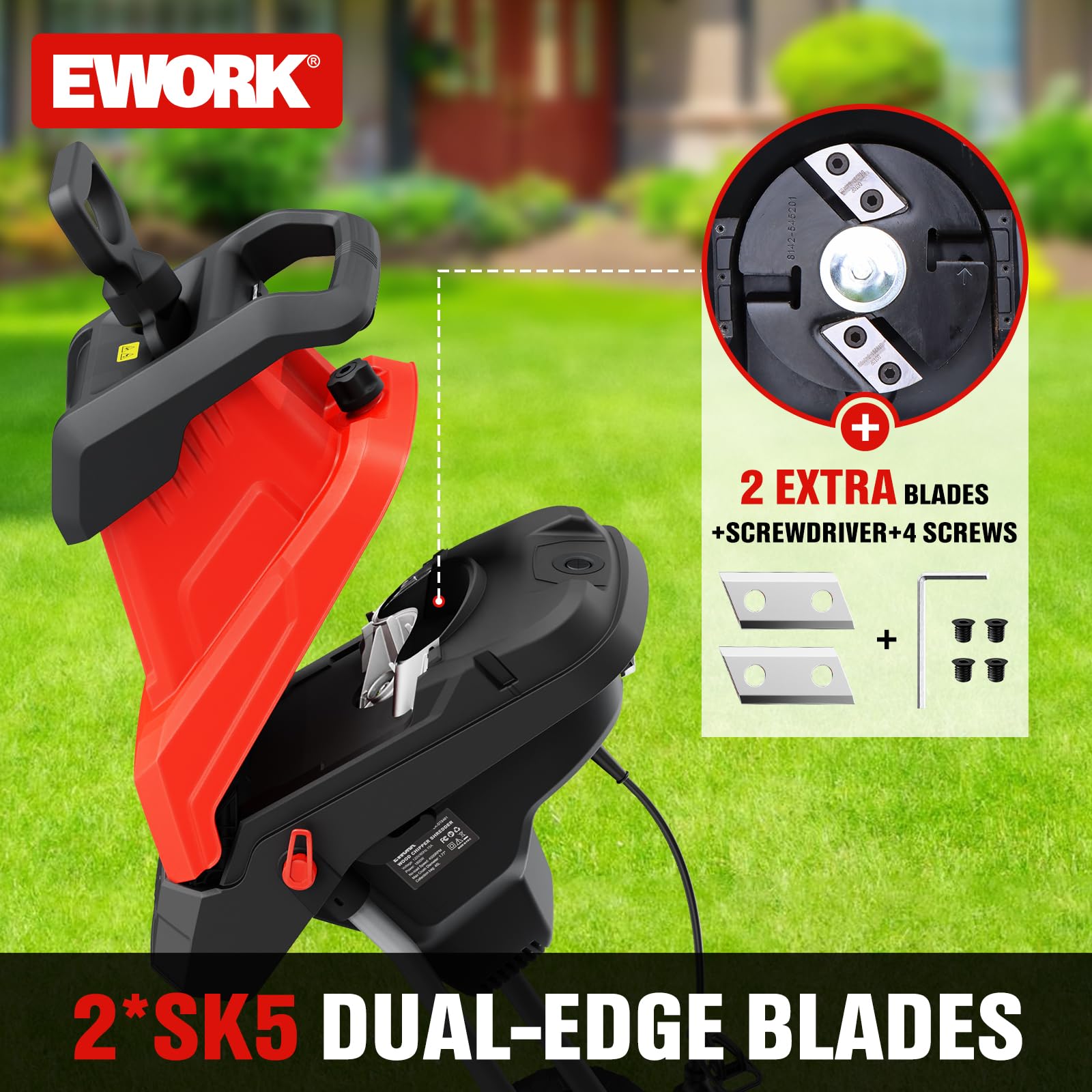 EWORK Trituradora eléctrica de madera de 15 amperios, diámetro de corte