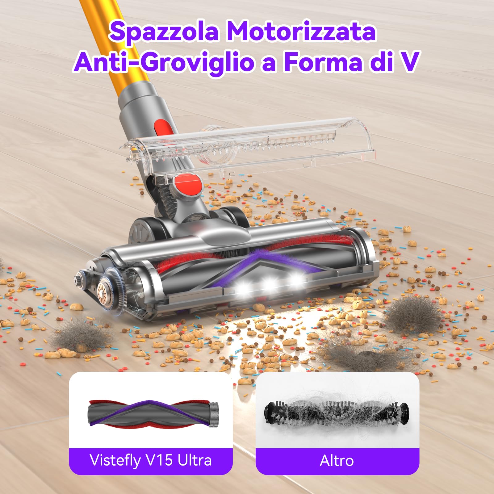 Vistefly V15 Ultra Aspirapolvere senza Fili, 58KPa 600W 80 Minuti Scopa Elettrica senza Filo Potente, Doppio Contenitore Anti-Groviglio Modalità Automatica per Pavimenti Tappeti Peli Animali