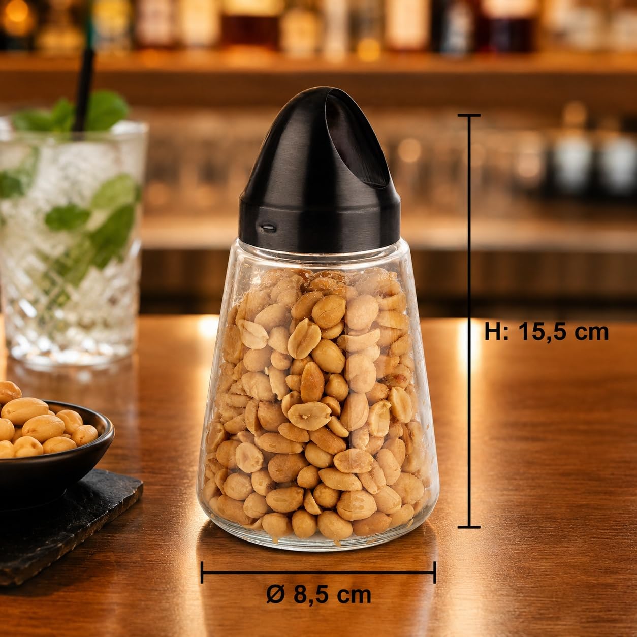 Produktbild von APS Snackspender Glas 8,5 X 15,5 Cm – Schraubdeckel Edelstahl – Ideal Für Nüsse & Candybar – Nicht Spülmaschinengeeignet
