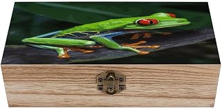 Red Eyed Tree Frog Wooden Keepsake Box with Hinged Lid Solid Wood Container Boxes Smooth Retro Memory Treasure Case Compact Beautifully Wood Storage Box Small Accessories