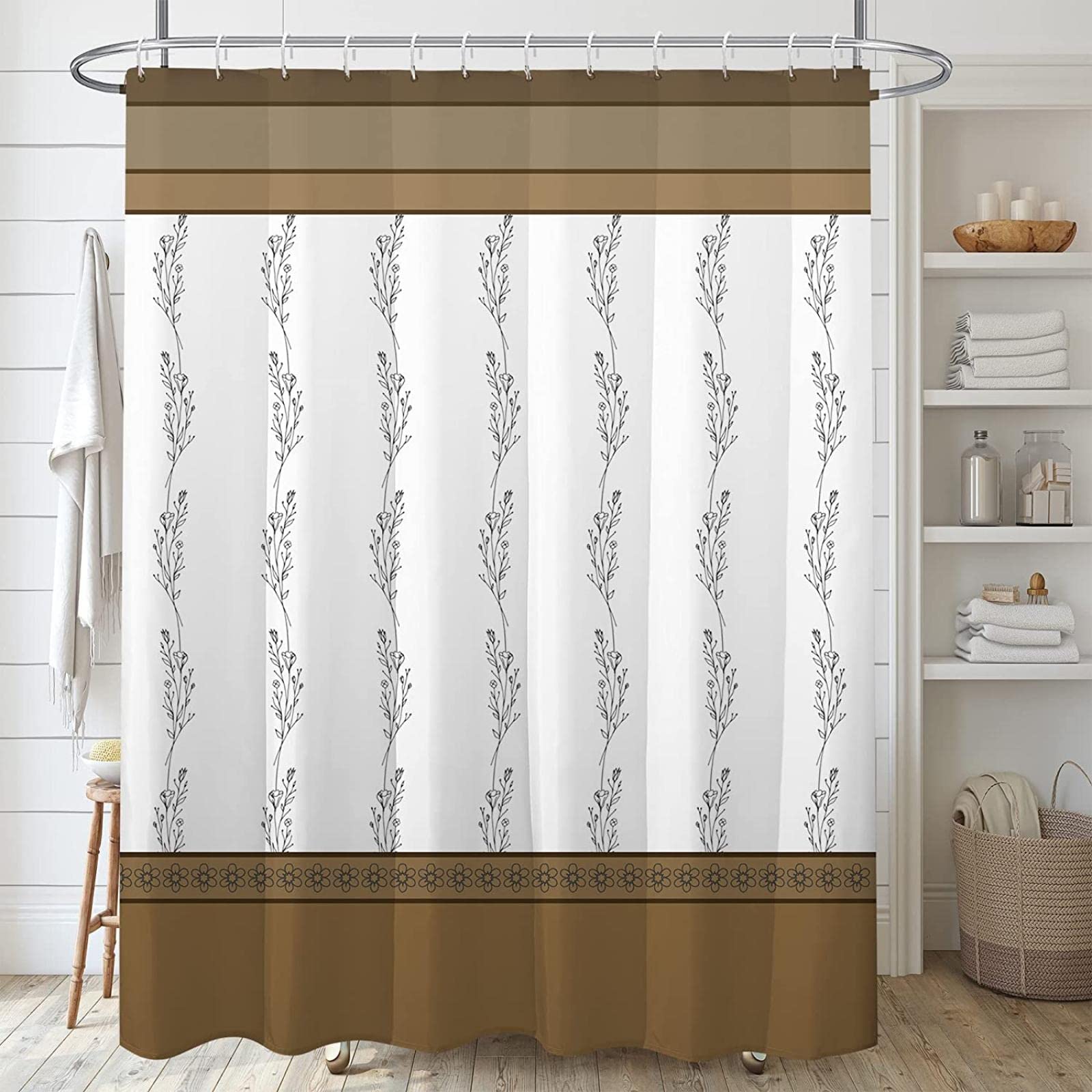Tenda Da Doccia Floreale Blu 175x178 Cm - Margherite Su Fienile Rustico, Stile Vintage Marrone Con Ganci, Impermeabile - 4