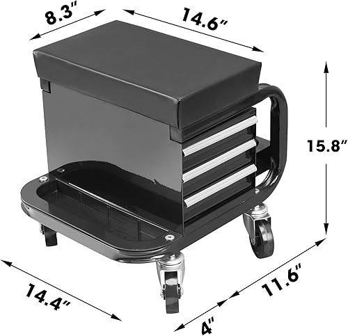 Miniatura 2 de APD2016AD Torin - Caja de herramientas con 3 cajones y ruedas, asiento acolchado para taburete, color negro