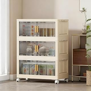 Stackable Plastic Storage Bins with Lids 3 Tier, Collapsible Closet Organizers and Storage with Wheels for Living Room,Office,Dorm 22.8" W x 10.6" D x 31.5" H