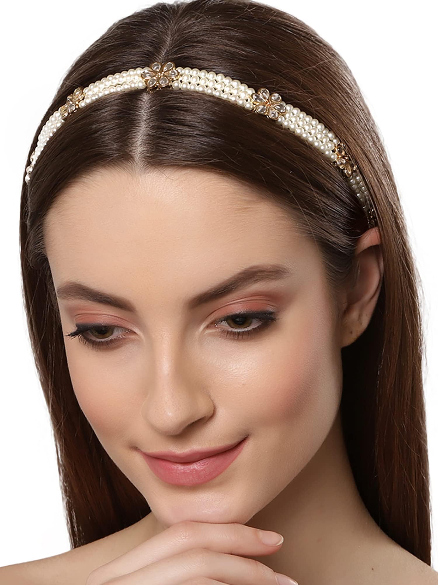 KaratcartGold Plated Beaded Kundan Metal Hairband for Women