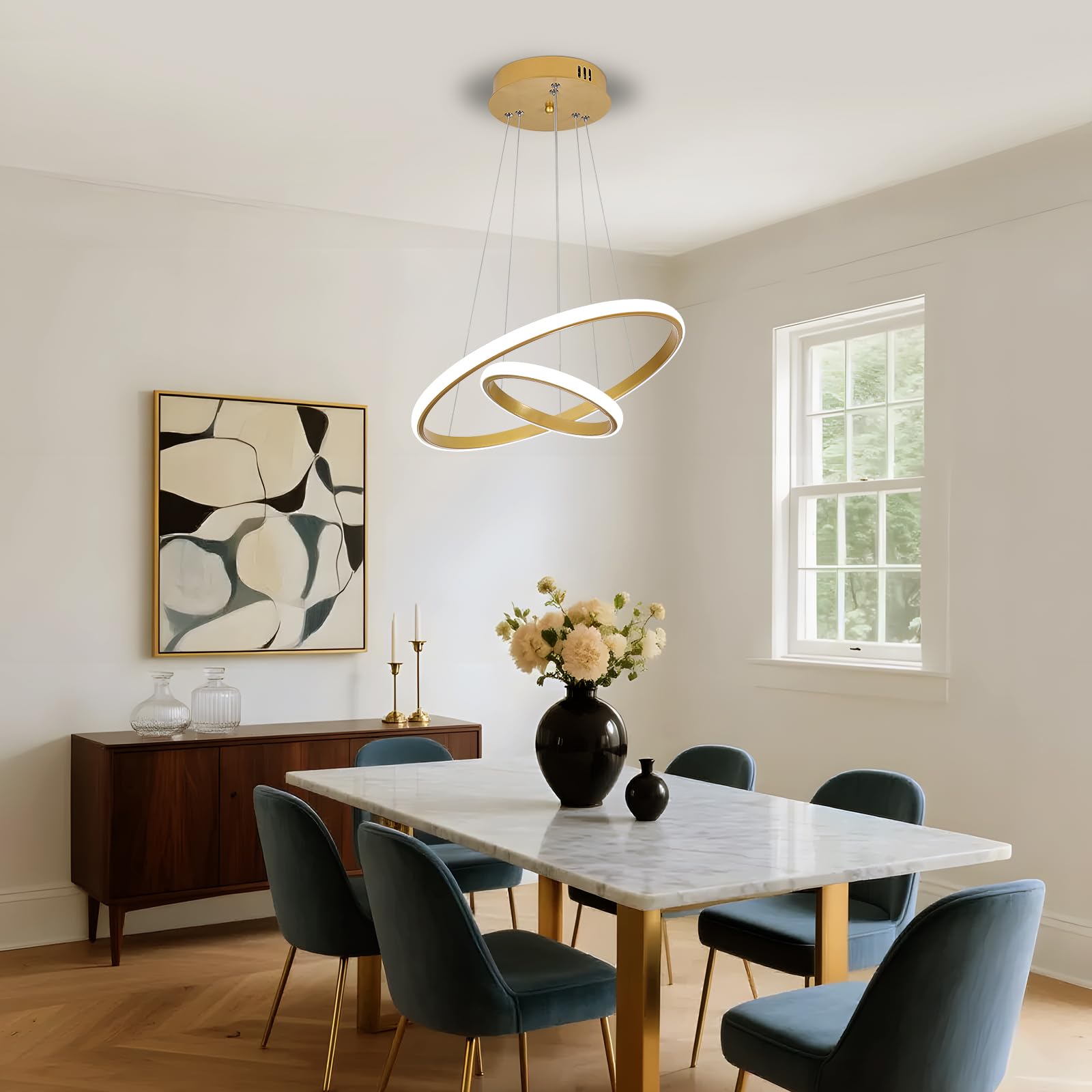 Goeco Lampadario LED Moderno ad 2 Anelli Oro, Lampada a Sospensione 32W | Altezza Regolabile, Lampadario Circolare Design Minimalista per Soggiorno, Sala da Pranzo, Camera da Letto, Hotel