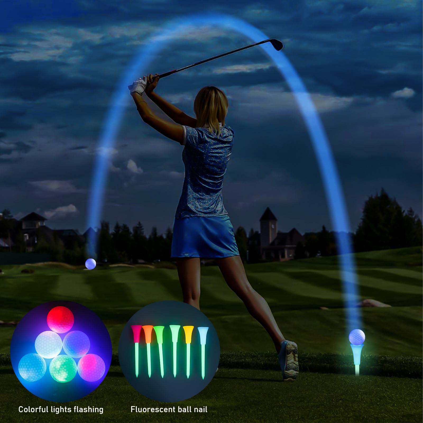 Palline da golf a LED, luminose, con 7 colori, 6 palline da golf di notte, con tè, luci a LED, per allenamento notturno e tiro a lungo raggio