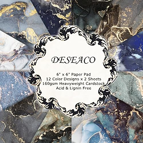 Bloc de papel para álbum de recortes de mármol oscuro de 6 x 6 pulgadas, diseños negros, azules, morados, dorados, hojas de decoupage y origami,