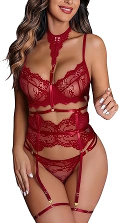 Garter Lingerie Set for Women,Floral Lace Lingerie Bra and Panty Set with Removable Strappy Belt 3 Piece