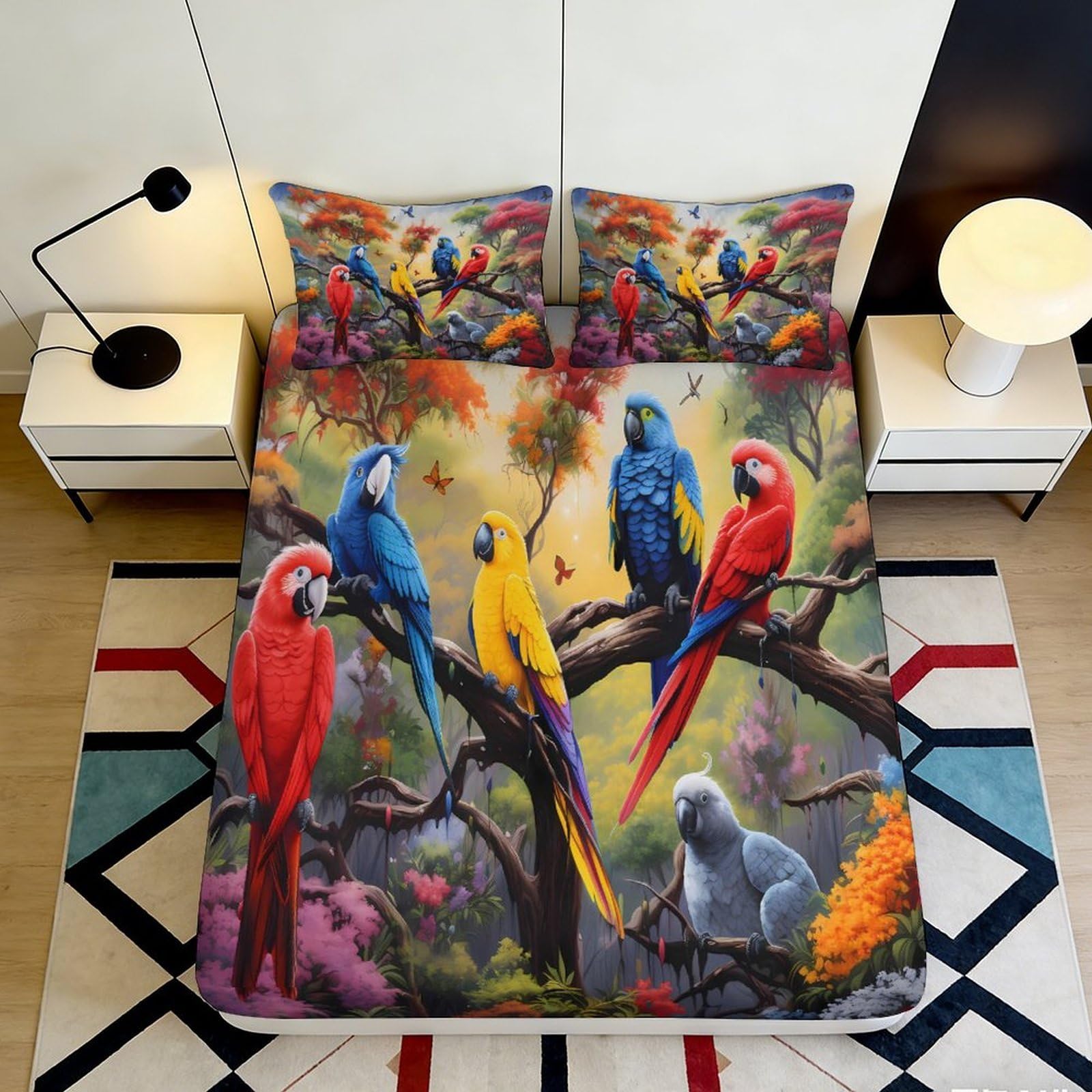 3D Printed Tropical Parrot Fitted Sheet Microfiber Soft Colorful Rainforest Bed Cover for Bedroom Guest Room Decor 90x200x25cm