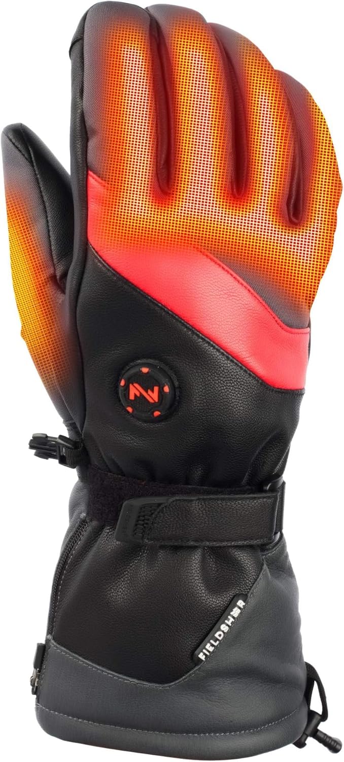 Fieldsheer Slopestyle Heated Leather Glove w/Over The Top Heat Zone, Mobile App – Grey-Black-Red