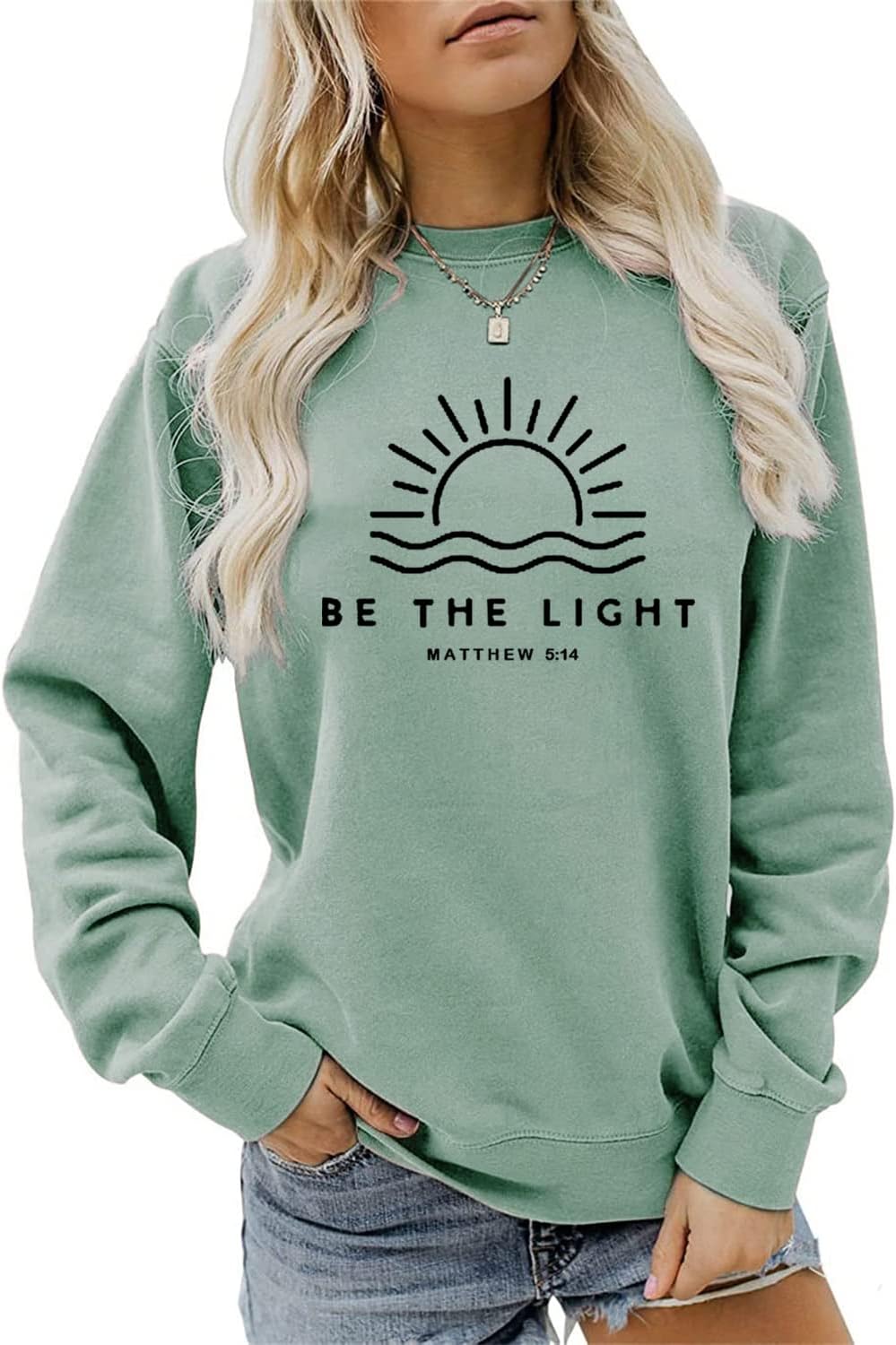 ESIKAH ‘Be The Light’ Sweatshirt | Matthew 5:14 | Women’s Casual Crewneck Pullover | Christian Faith Quote Gift