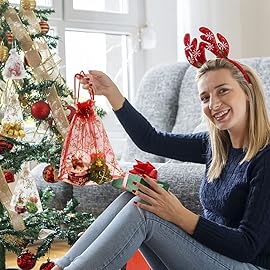 Jexila 100PCS Christmas Organza Bags 4X6 inches Red Snowflake Small Mesh Drawstring Gift Bag for Xmas Party Favor Christmas Candy Goodie Treat Bags