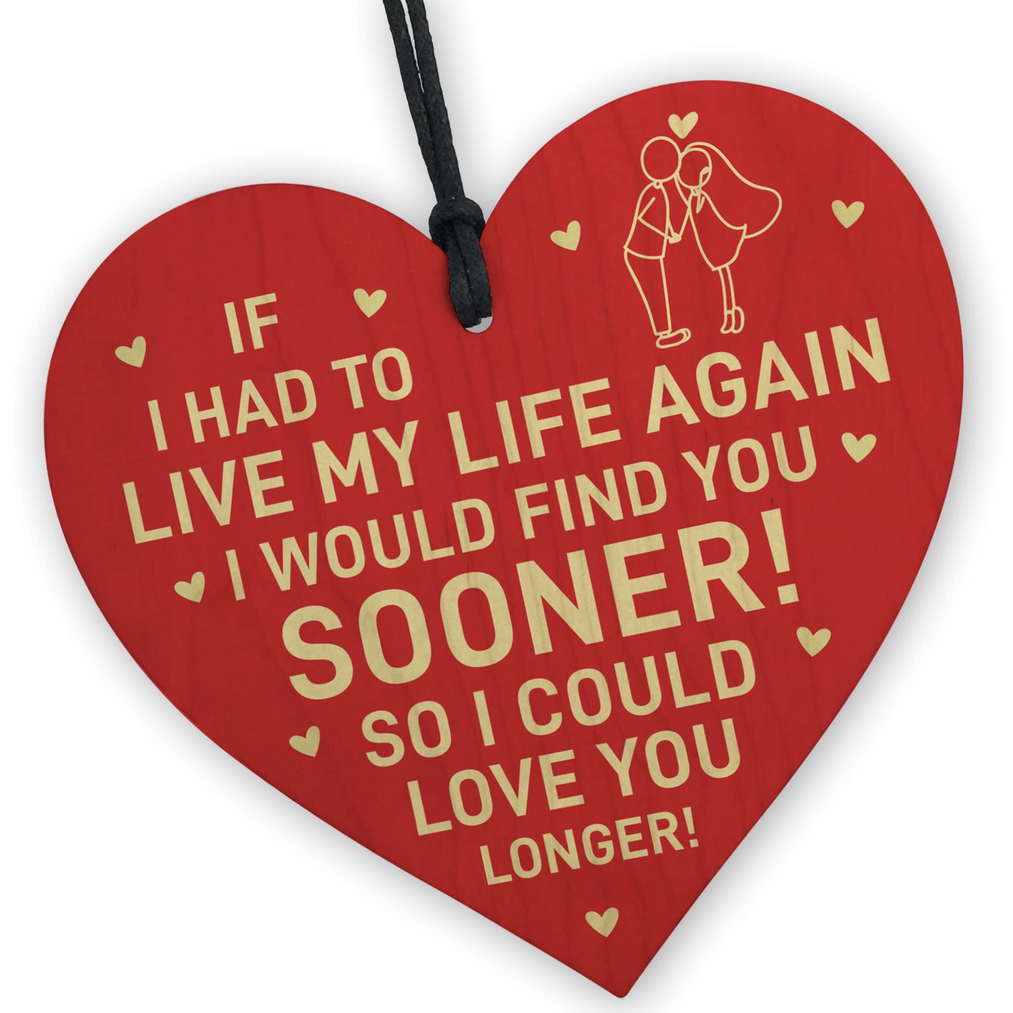 Red Ocean Valentines Gift For Husband or Wife Love You Longer Wood Heart Anniversary Present Gift For Him Her