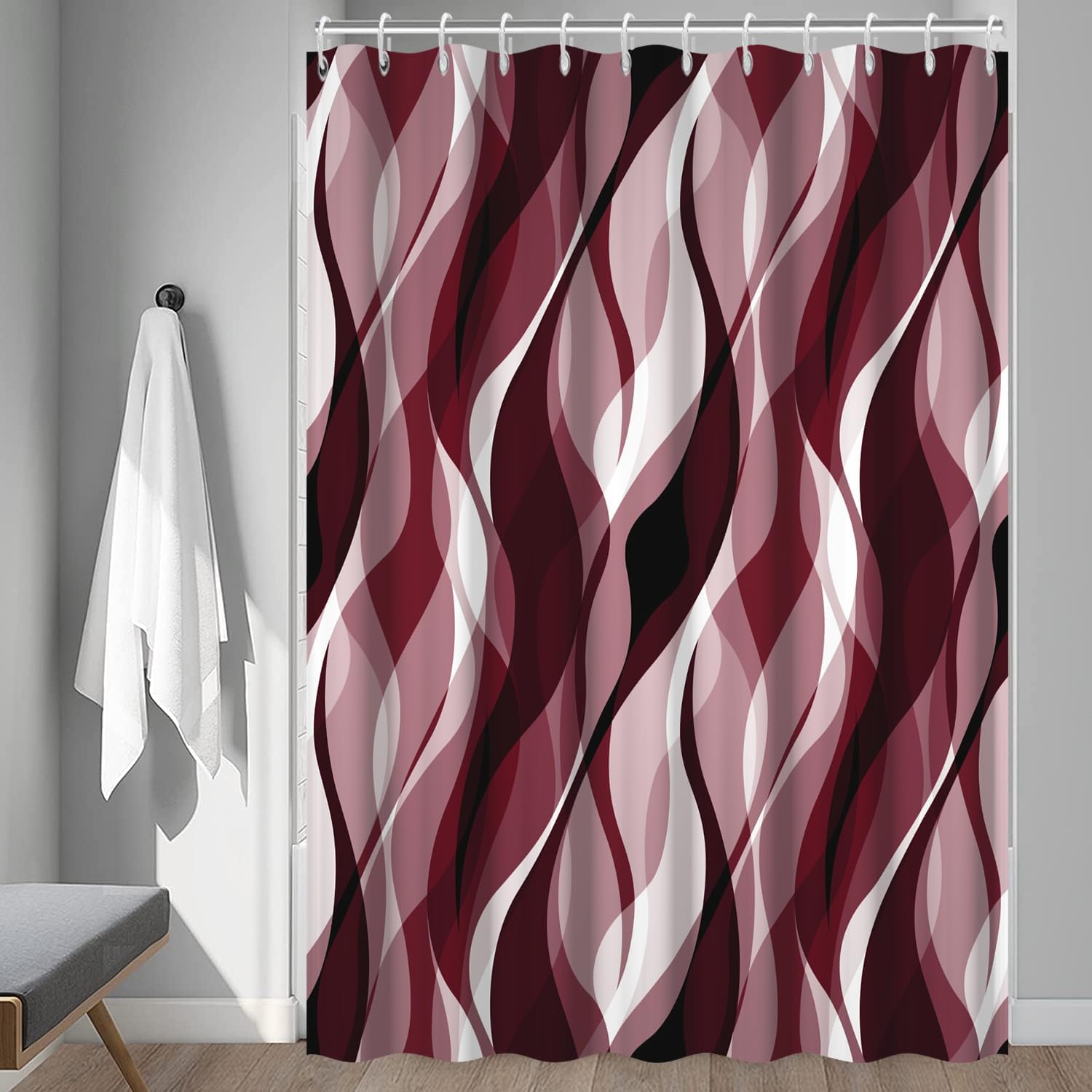 Burgundy Shower Curtain, Modern Abstract Ombre Burgundy Striped Shower Curtain Set for Bathroom Waterproof Shower Curtain with Hooks, 72x78 Inch