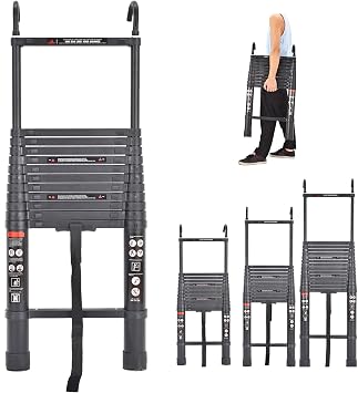 6.2M / 20.34FT Telescopic Extension Ladder with Detachable Hooks, Extendable Folding Aluminum Ladder for Home Indoor Outdoor DIY Projects, 330lbs Max Load, Weight 36LB, Black