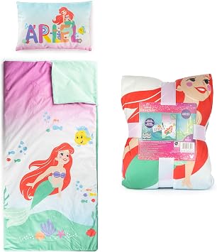 Jay Franco Kids Slumber Bag and Pillow - 54 x 27 Inch Comfy Indoor Sleeping Bag for School and Sleepovers, 2 Piece Set, Multi - The Little Mermaid