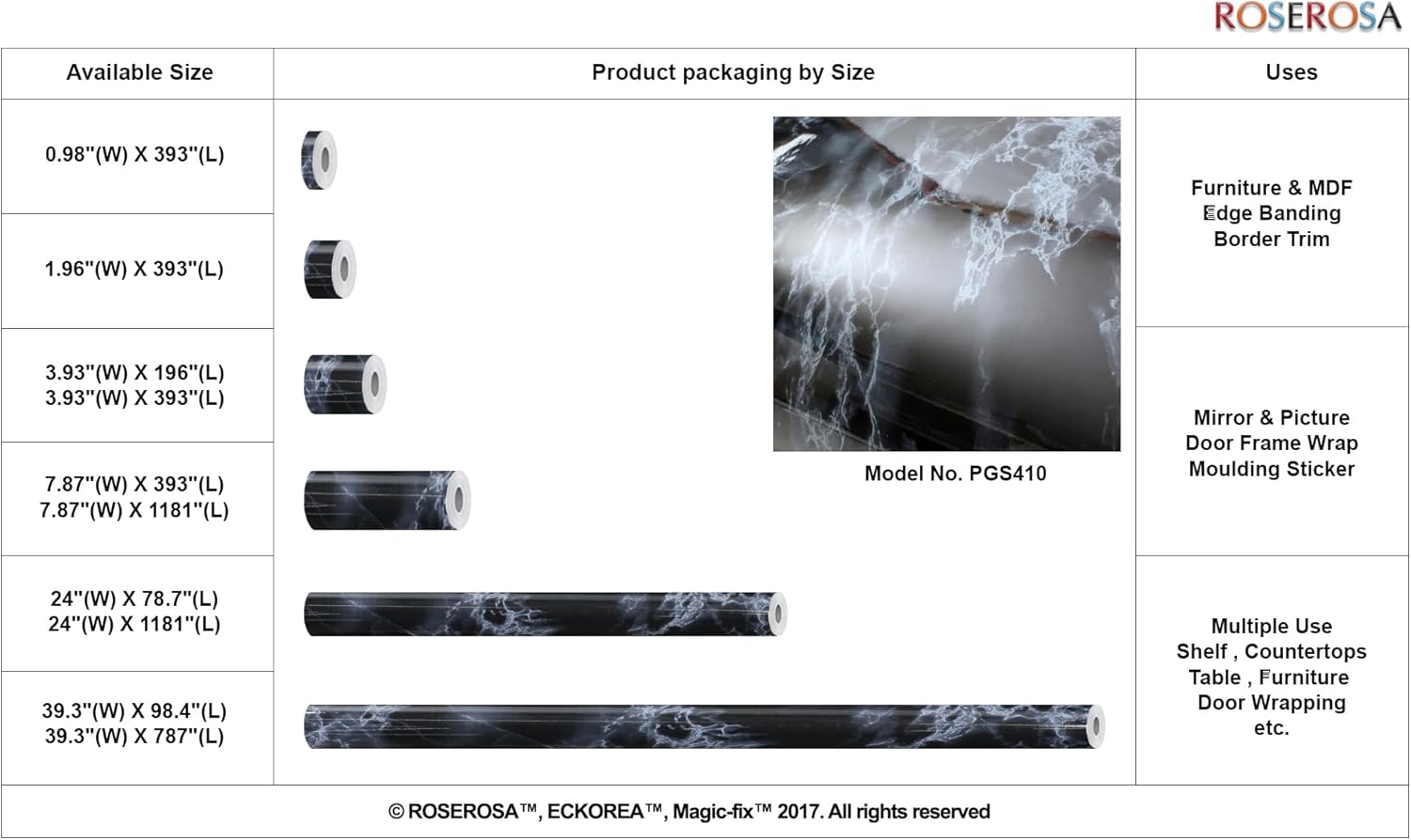 ROSEROSA Peel and Stick Glossy Faux Marble Architectural Film Self-Adhesive Vinyl Film Wallpaper Door Wrap Counter Top Border Mirror Molding Trim PGS410