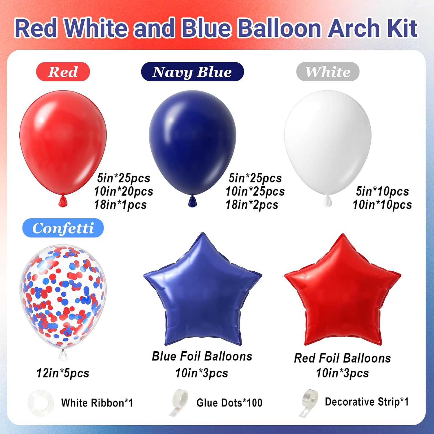 132pcs Red White and Blue Balloon Arch Kit with White Navy Blue Red Confetti Foil Balloons for 4th of July Birthday Party Decorations thumbnail