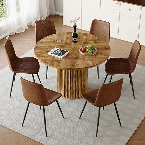 Miniatura 8 de Juego de mesa de comedor redonda para mesa de comedor de madera acanalada de 4,42 pulgadas para 4 con pedestal cilíndrico, juego de mesa y sillas de