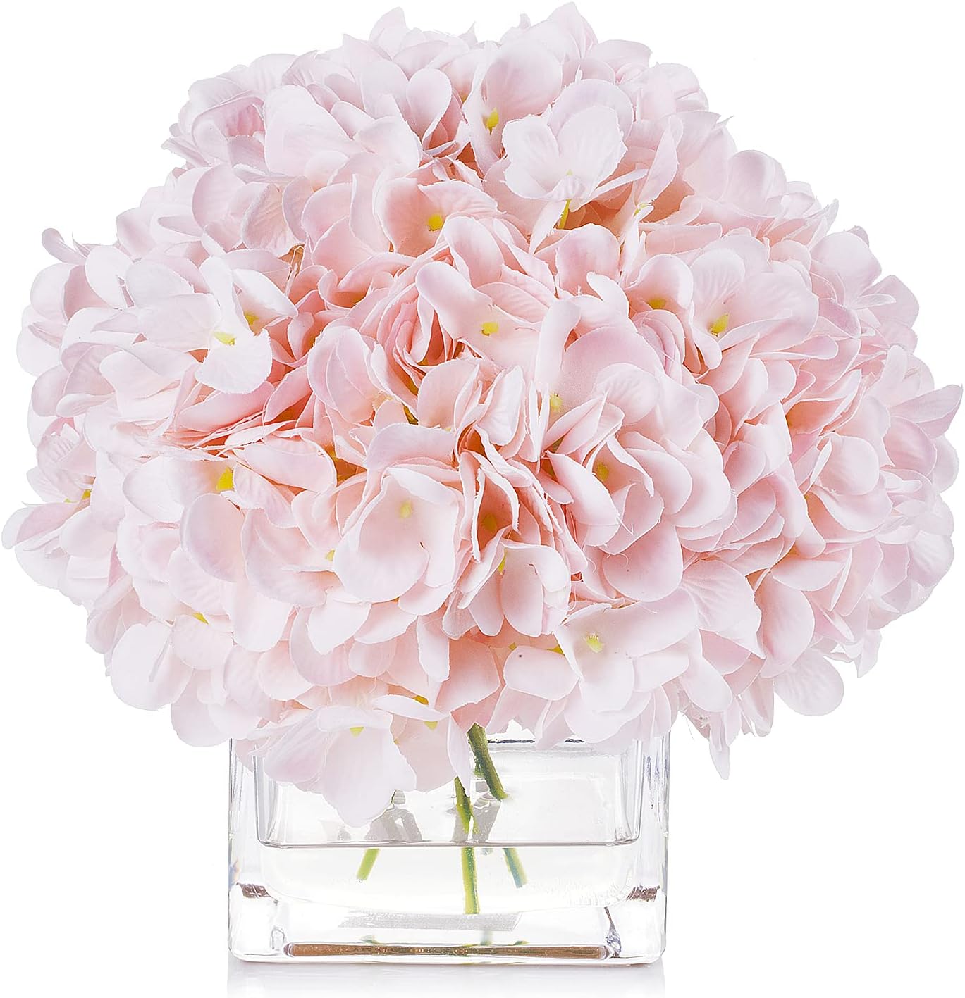 Enova Floral Artificial Flowers Silk Hydrangea Fake Flowers Arrangement in Cube Glass Vase with Faux Water for Home Office Wedding Party Event(Pink)