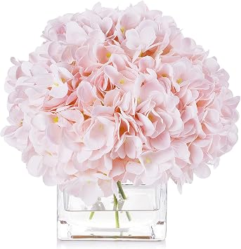 Enova Floral Artificial Flowers Silk Hydrangea Fake Flowers Arrangement in Cube Glass Vase with Faux Water for Home Office Wedding Party EventPink