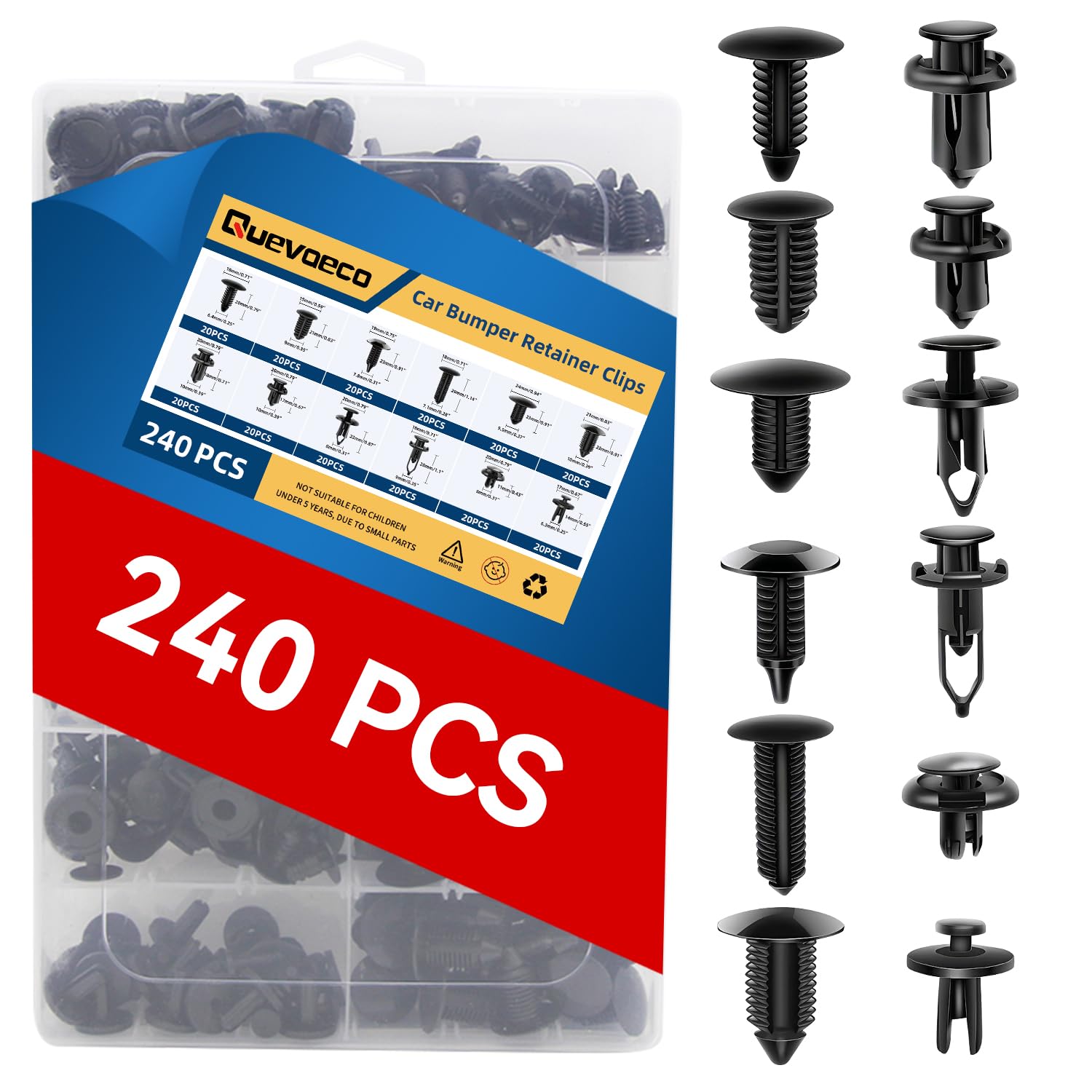 Quevaeco 240PCS Car Bumper Clips Kit - 12 Sizes Retainer Clips, Plastic Rivets, Push Pins & Fender Fasteners for Ford, Toyota, Honda Trucks & Motorcycles