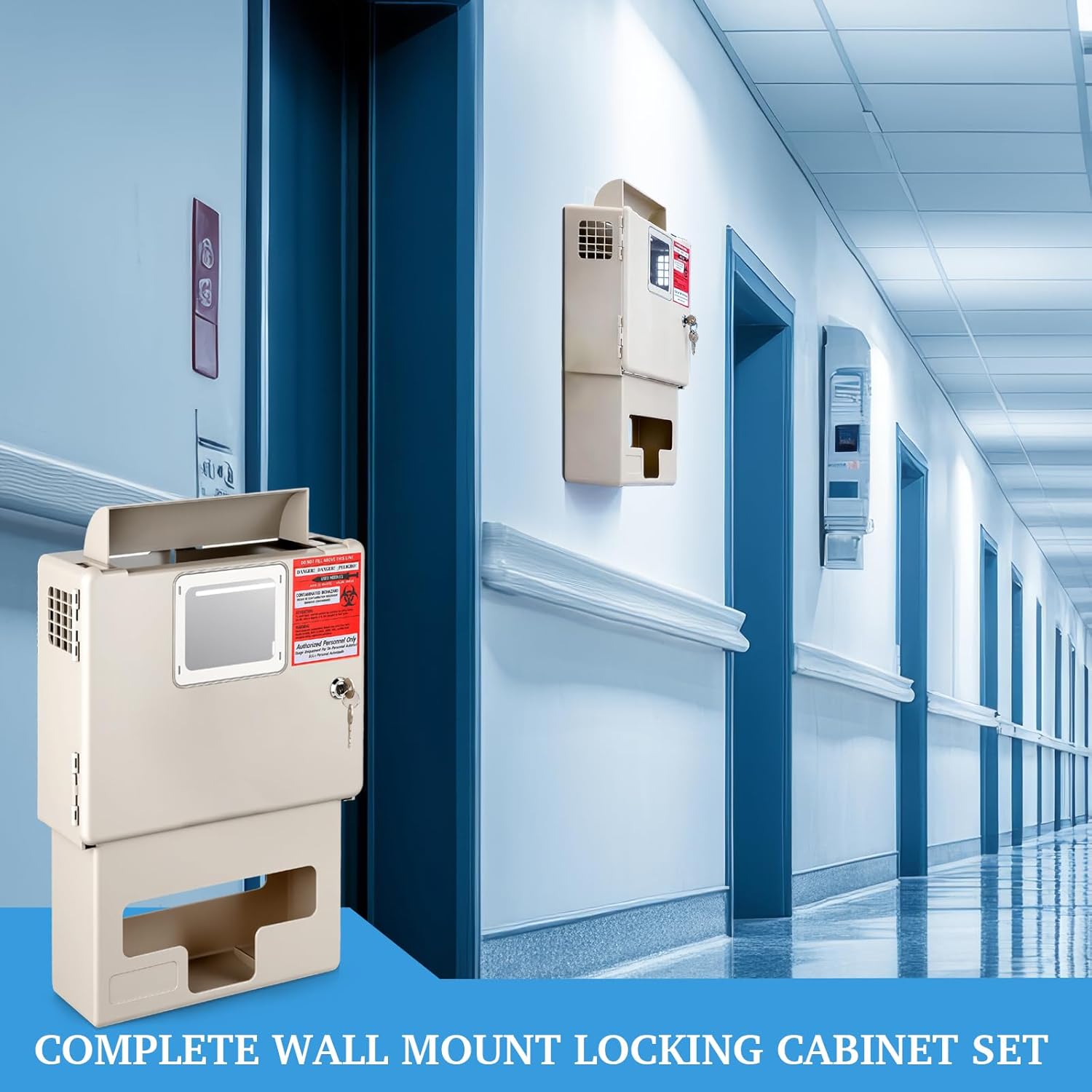 Novabright Wall Mount Locking Cabinet with Glove Box, Wall Enclosure for 5 Qt Sharps Containers for Home Use, Sharp Box Not Included (1 Set)