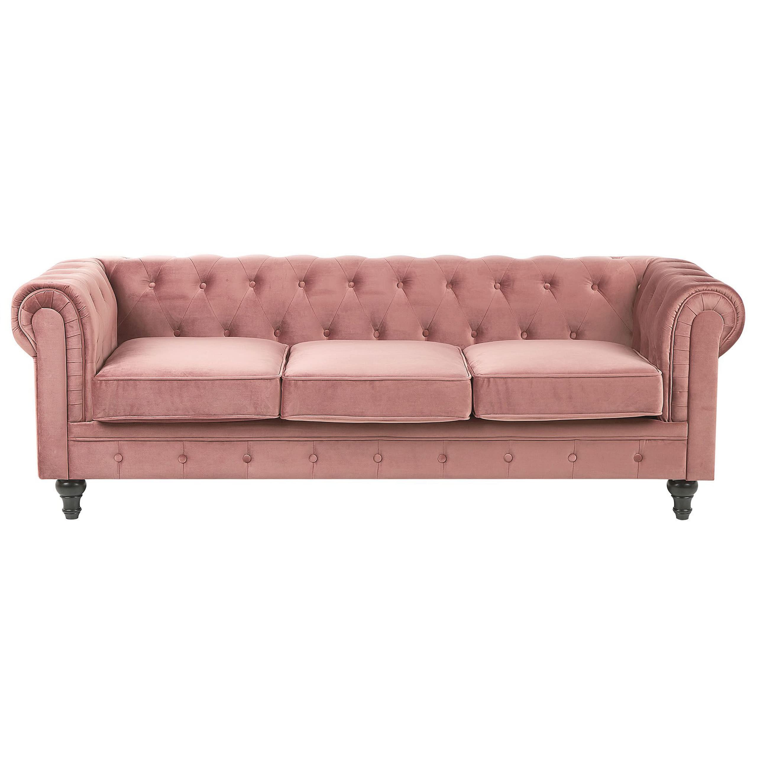 Beliani Conjunto de salón Chesterfield tapizado en Tela de Terciopelo Rosa sofá 3 plazas + sillón Patas de Madera Oscura Estilo contemporáneo Chesterfield