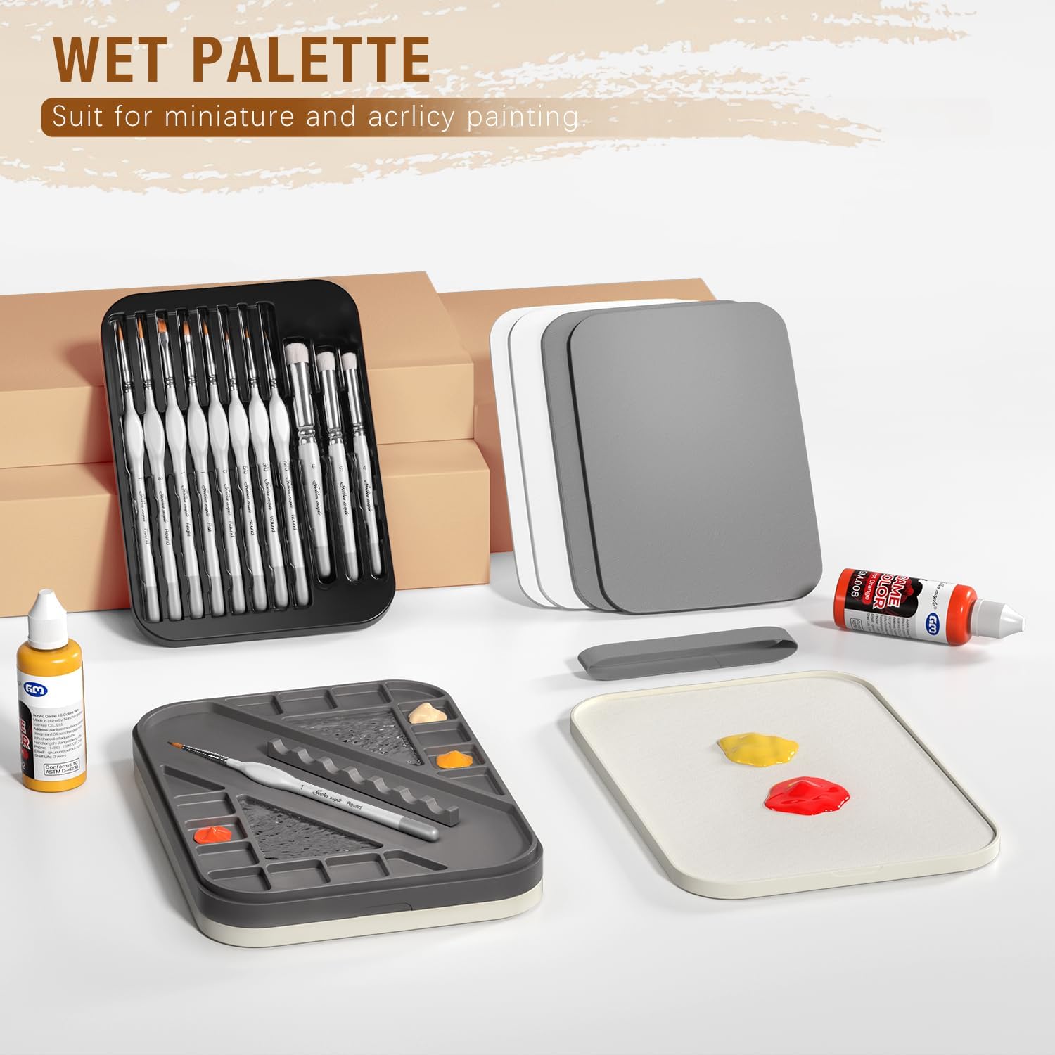 Wet Pallet for Painting Miniatures - Golden Maple 2 in 1 Dry and Wet Palette with Lid, Including 11 Miniature Paint Brushes,100PCS Palette Paper, 4PCS Sponges, Paint Brushes Holders