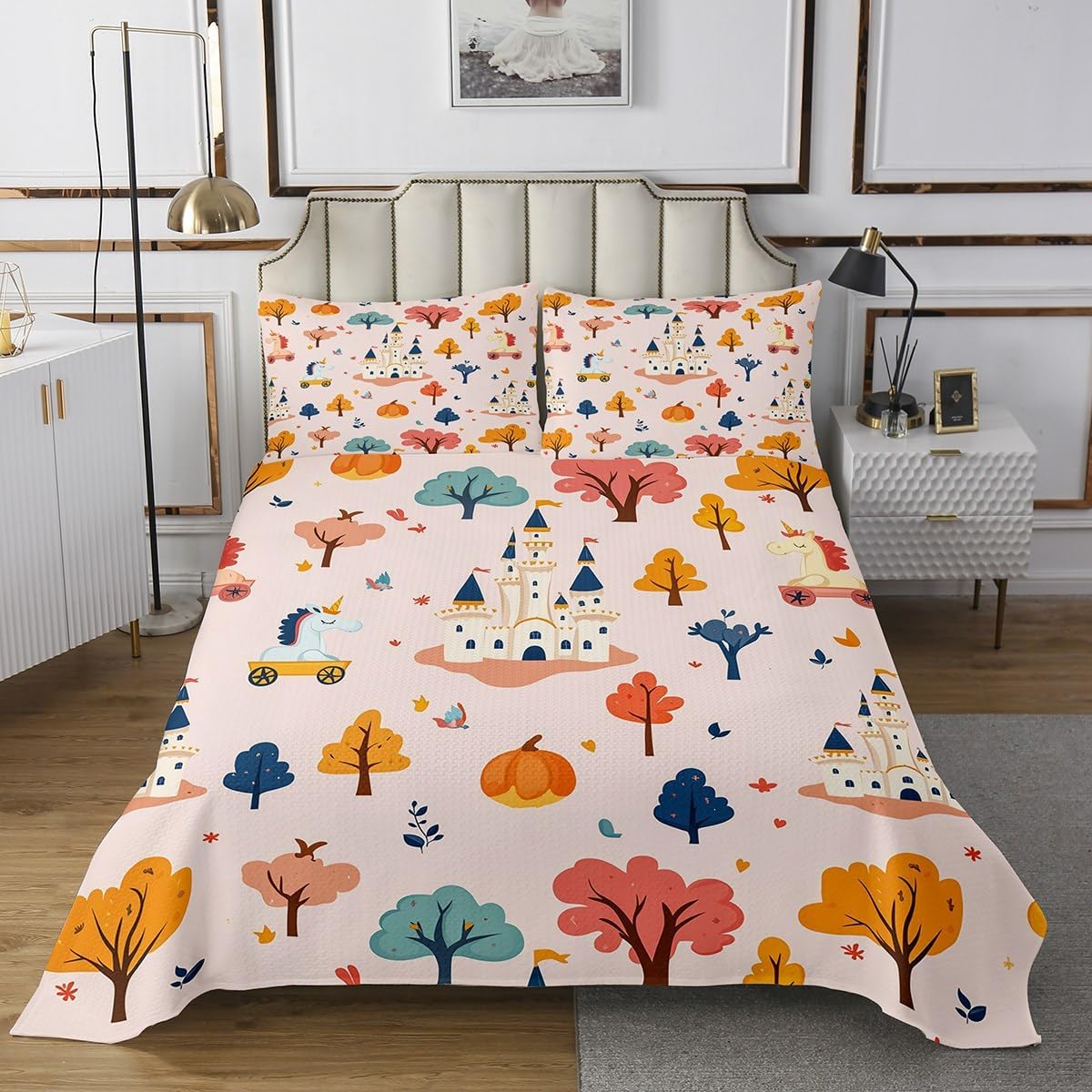 Manfei Watercolor Flowers Butterfly King Coverlet Set Girls Castle Quilted 3 Pcs with 2 Pillow Shams Dreamy Princess Castle Bedding Quilt for Decoration,Microfiber Breathable