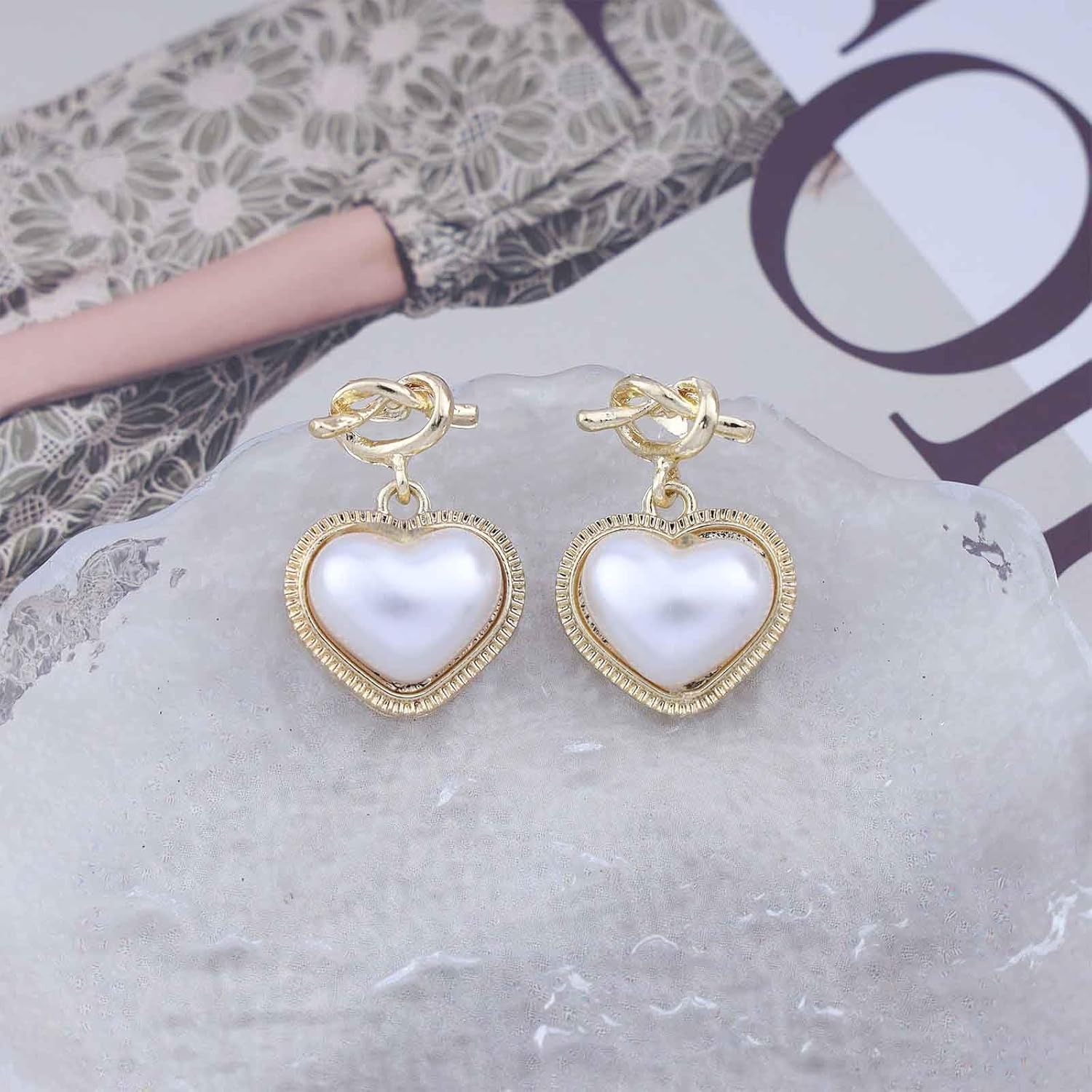 Boho Pearl Heart Drop Earrings Gold Knot Heart Stud Earrings Vintage Puffy Heart Pearl Earrings Large Pearl Dangle Earrings Jewelry for Women - Image 4
