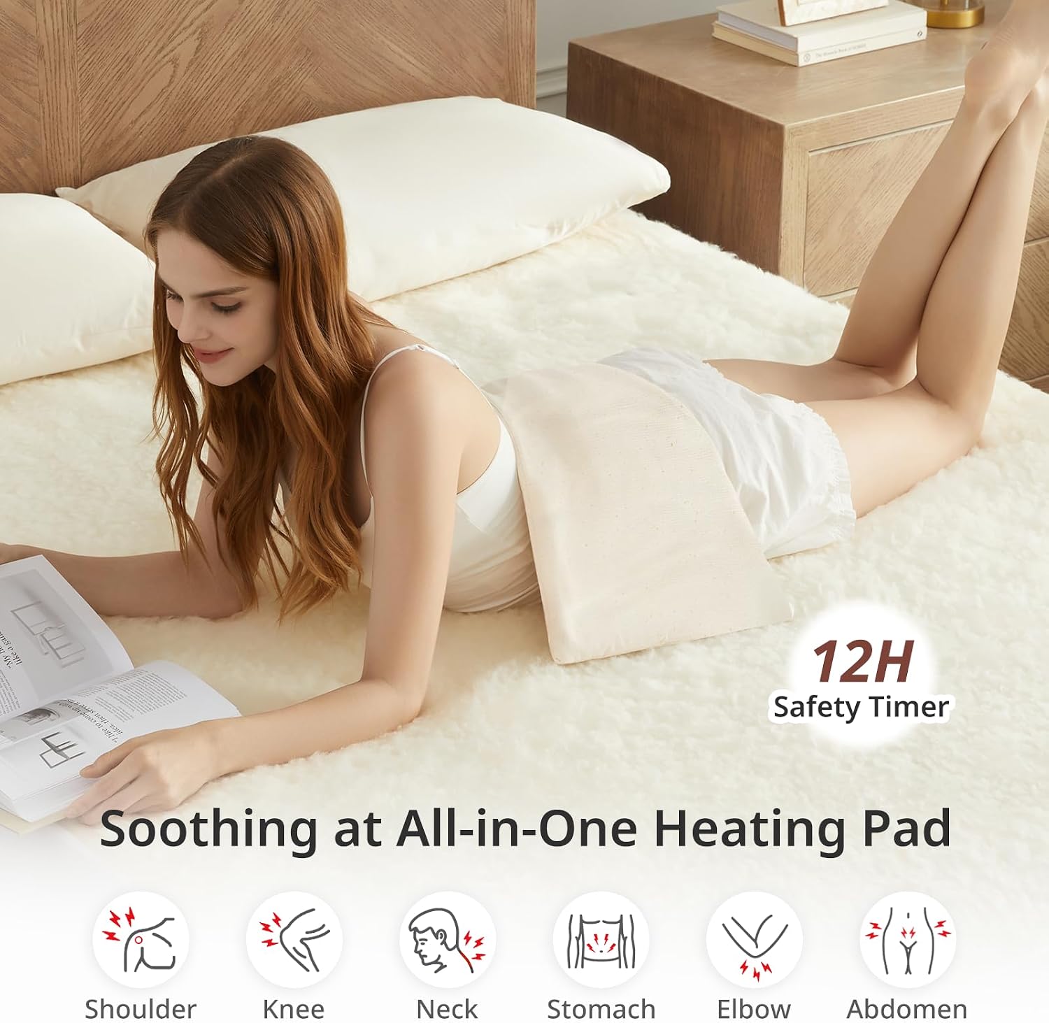 Bwarm Weighted Far Infrared Heating Pads 100% Cotton Fast Heating with 9 Heating Levels 12 Hours Auto-Off Heated Pad for Back Neck Hot Pad for Arms and Legs (White, 12''×24')