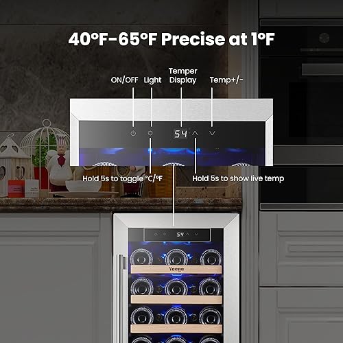 Miniatura 5 de Yeego Refrigerador de vino - Refrigerador de vino de 15 pulgadas con 33 botellas con puerta de vidrio, control táctil de 40-65 , integrado o