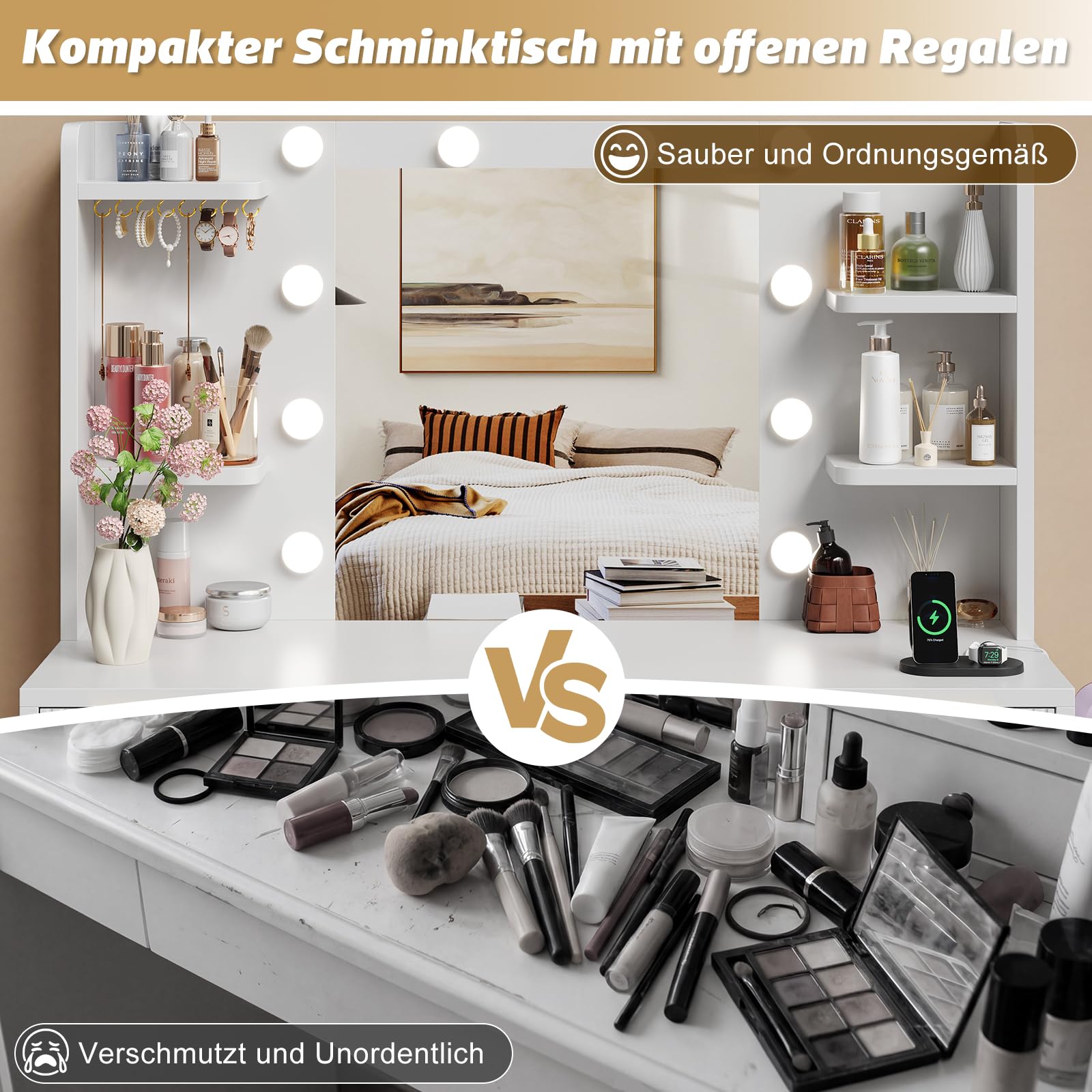 Devoko Moderner Schminktisch mit Beleuchtung & Steckdose – Großer Frisiertisch mit Spiegel, 9 Schubladen, Vanity Desk mit Haartrocknerhalterung, Make-up Tisch, Weiß