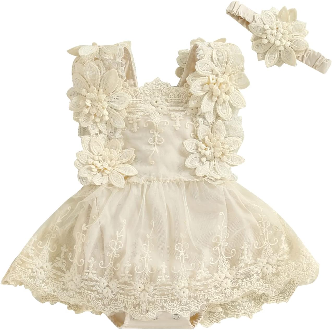 MA&BABYNewborn Baby Girl Lace Rompers Birthday Princess Dress Mesh Jumpsuits Tulle One-Piece Headband Summer Onesie