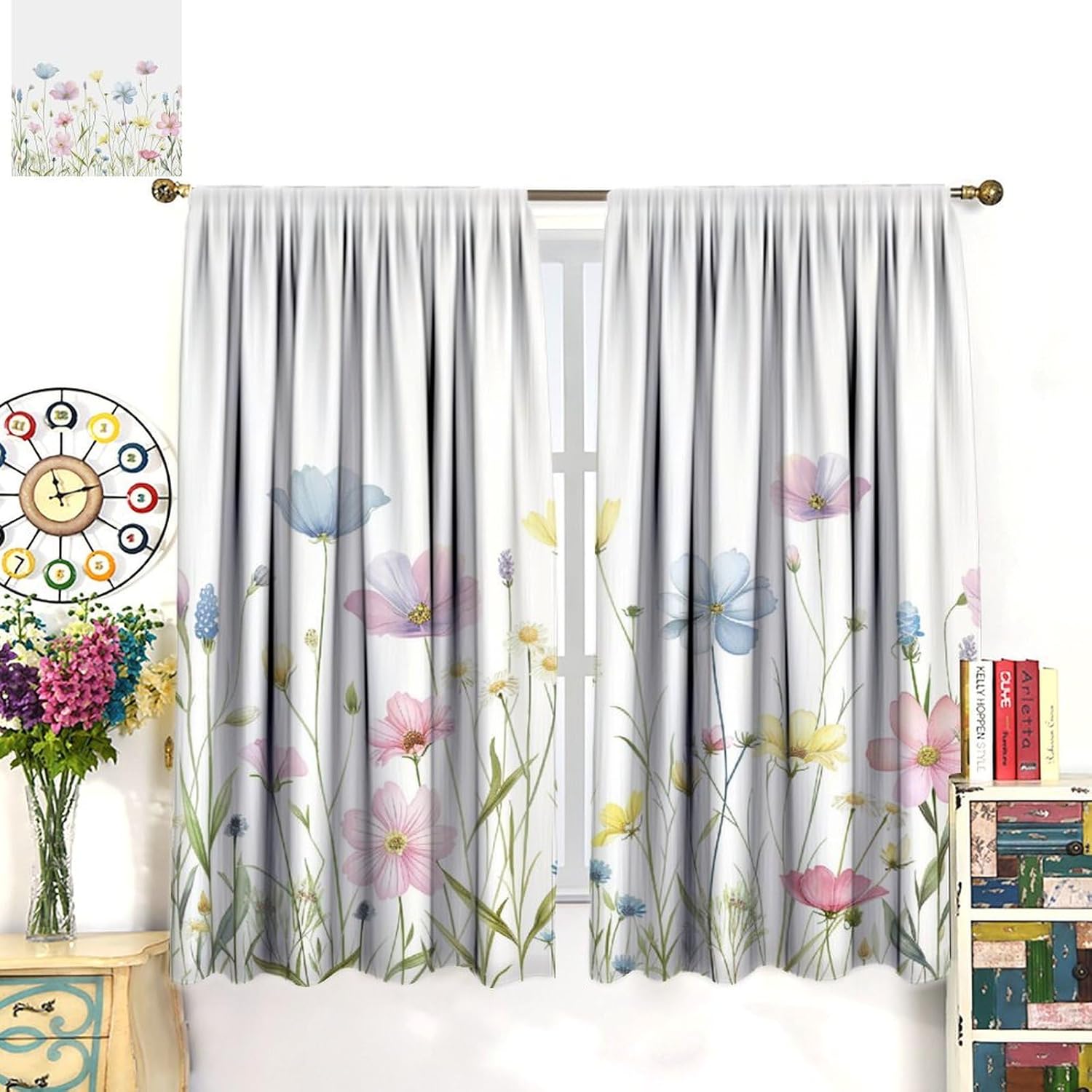 Retro Rustic Wildflower Blackout Curtains for Bedroom, Grommet Drapes Thermal Insulated Room Darkening Meadow Floral Leaf Field Curtains, 21W x 45L, 2 Panels
