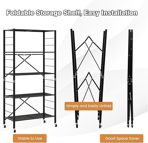 Miniatura 5 de Giantex Estantería plegable de 5 niveles con ruedas color negro, estantes de metal plegables de 60 pulgadas de alto para almacenamiento,
