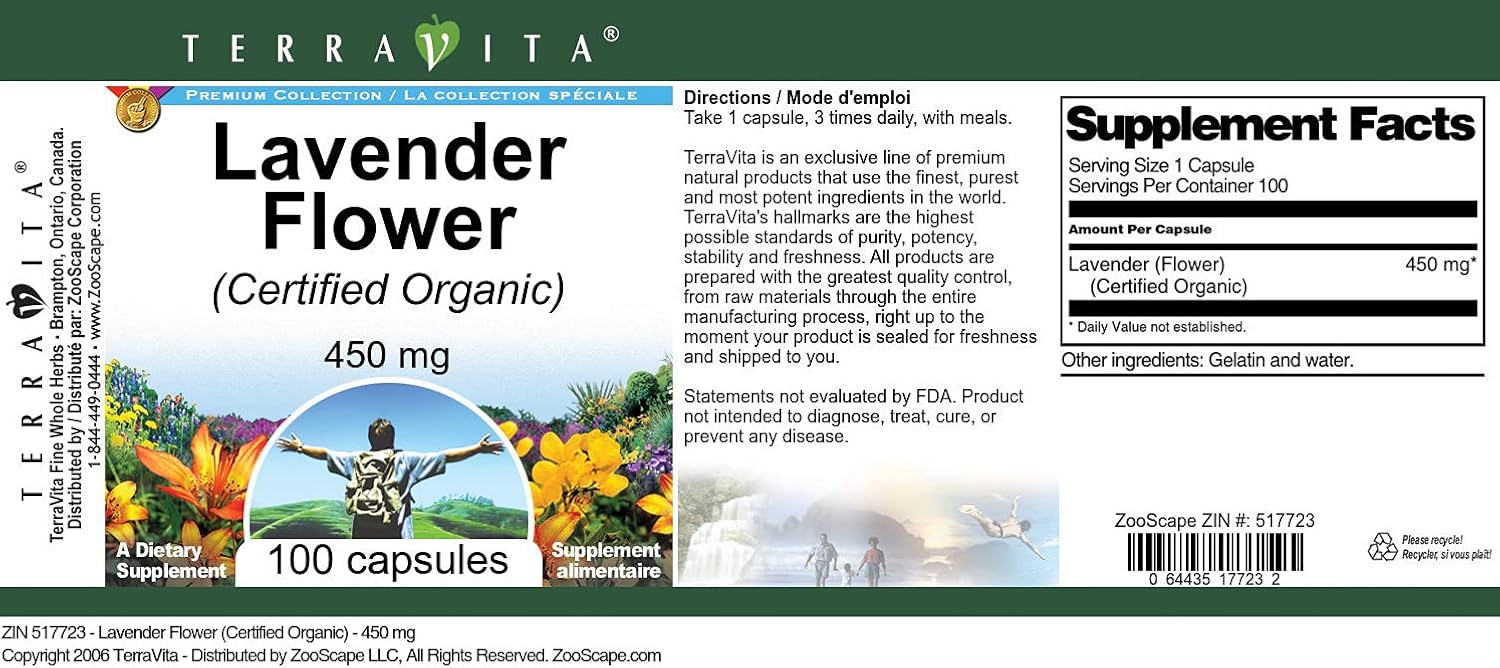 Lavender Flower (Certified Organic) - 450 mg (100 Capsules, ZIN: 517723) - 3 Pack