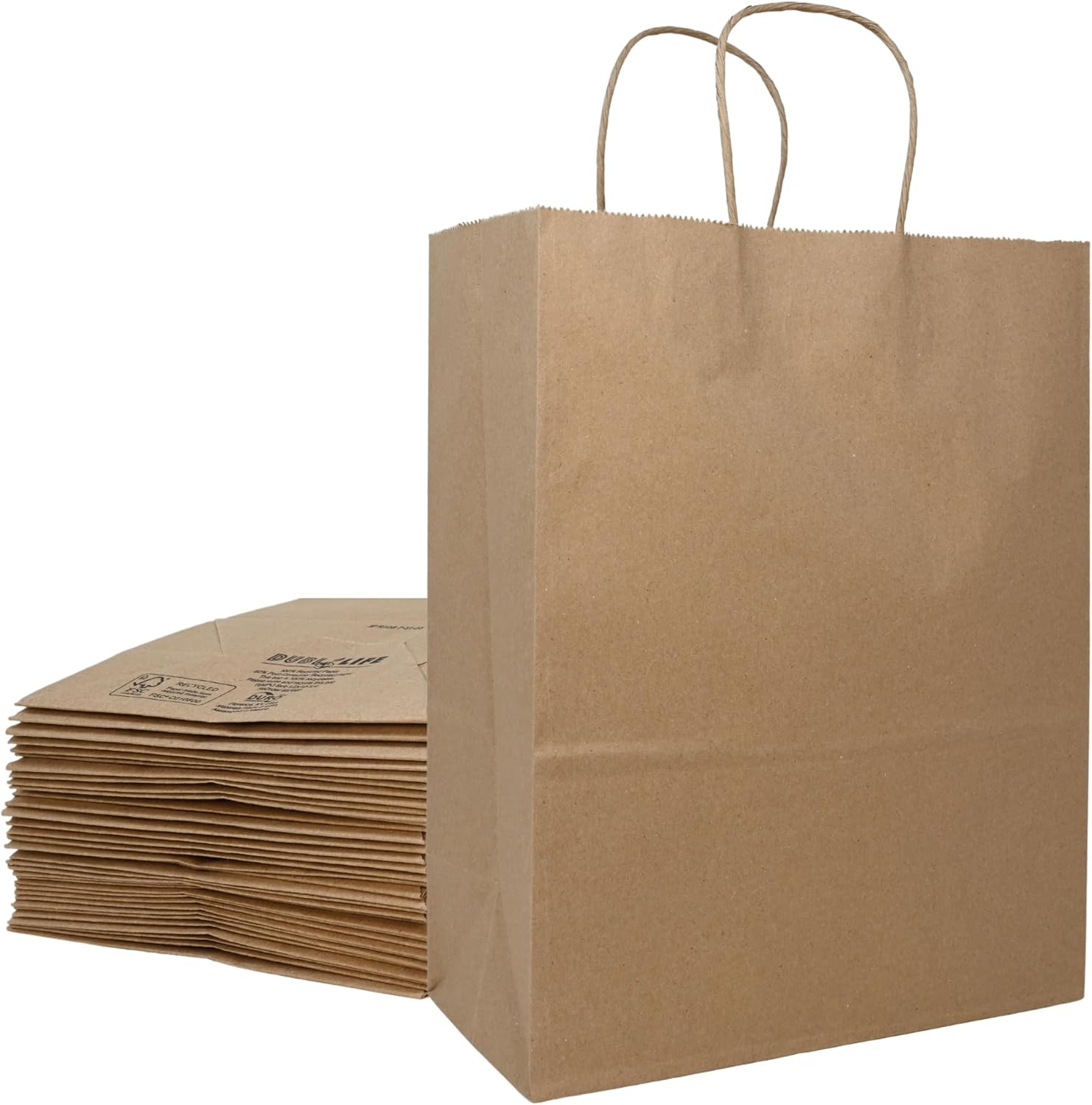 DURO 60# 8x4.5x10.25 Brown Paper Bags for Small Business, Small Kraft Bags with Handles, Holidays, Party Favors, Retail Shopping & Crafts - Pack of 75