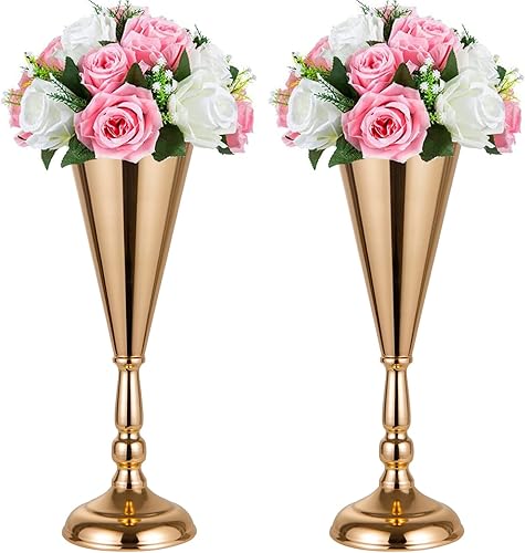 Jarrones de flores para centros de mesa, centros de mesa de boda dorados de 14.56 pulgadas para mesas, 2 piezas de arreglos florales de metal para
