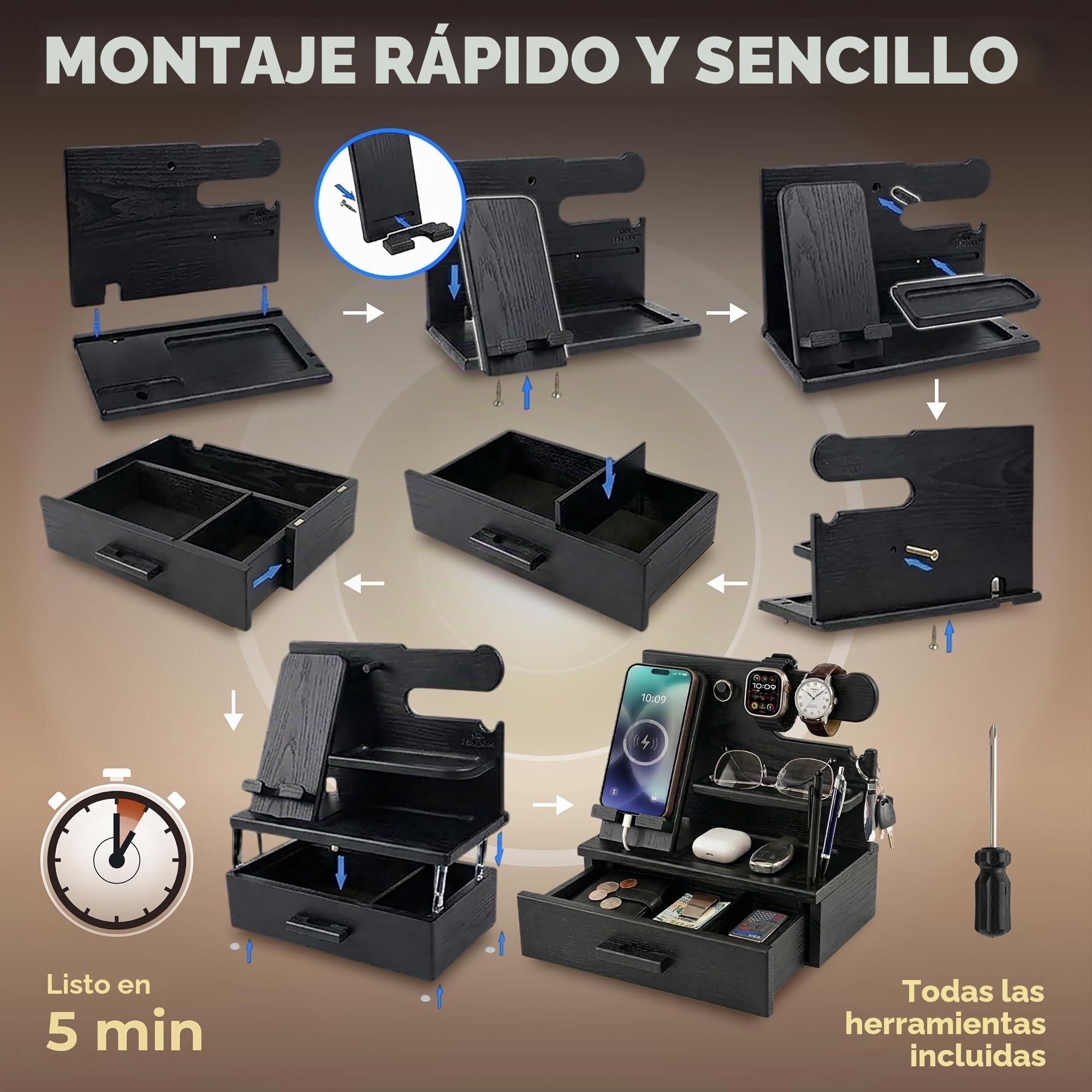 TESLYAR Estación de Acoplamiento de Madera para Teléfono con Cajón Organizador de Escritorio para Marido Regalos de Cumpleaños para Hombres Papá Regalo Padre Dia del Padre Regalos