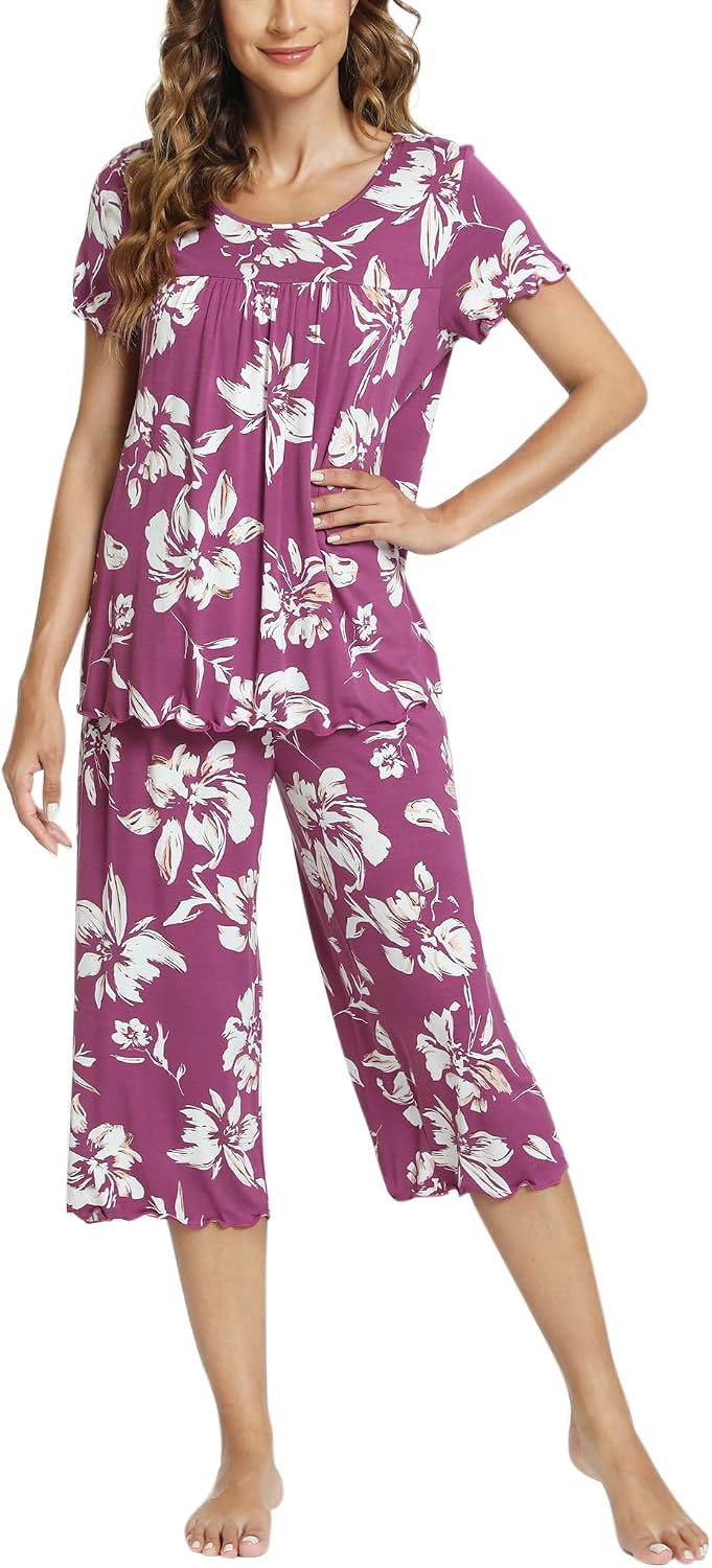 LazyCozy Bamboo Viscose Capri Pajamas for Women Set Short Sleeve Pjs image 4