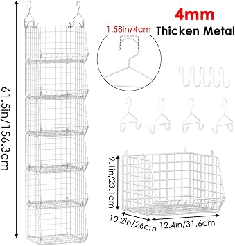 6-Tier Metal Hanging Wardrobe Organiser Foldable, Space Saving Hanging Storage Shelves, Durble Closet Hangable Shelf, Clothes Rack Accessories (White)