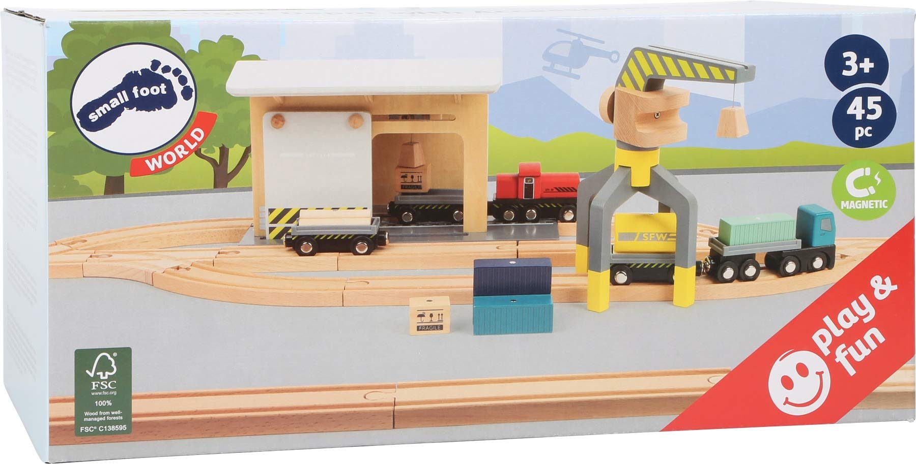 Small Foot 11377 Güterbahnhof aus Holz, mit LKW, Lok, Schiebetor, 360 Grad drehbarem Kran und Schienen, ab 3 Jahren