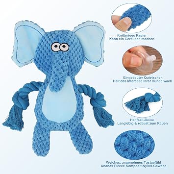 Dog Toy Dog Squeaky Toy Plush Dog Chew Toy Elephant Blue Cotton Rope Toy Interactive Plush Toy with Crinkle Paper for Puppies Small Medium Dogs