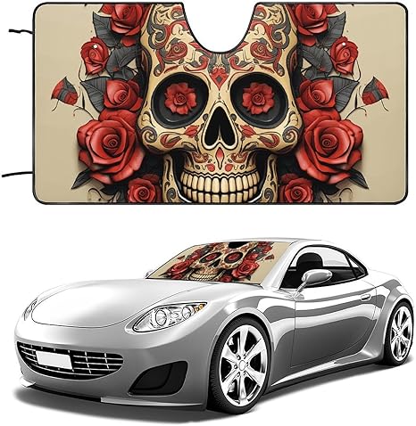 Funny Red Rose Sugar Skull Car Windshield Sun Shade, Reflector Car Sun Visor, Foldable Front Window Sunshade Cover, Heat Insulation, Blocks UV Rays, Keeps Vehicle Cool, for SUV Truck(51