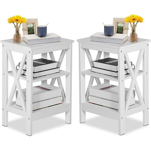 VECELO Modern Nightstands X-Design Side End Table Night Stand with Storage Shelf for Bedroom,Living Room,Set of 2 (White A2)