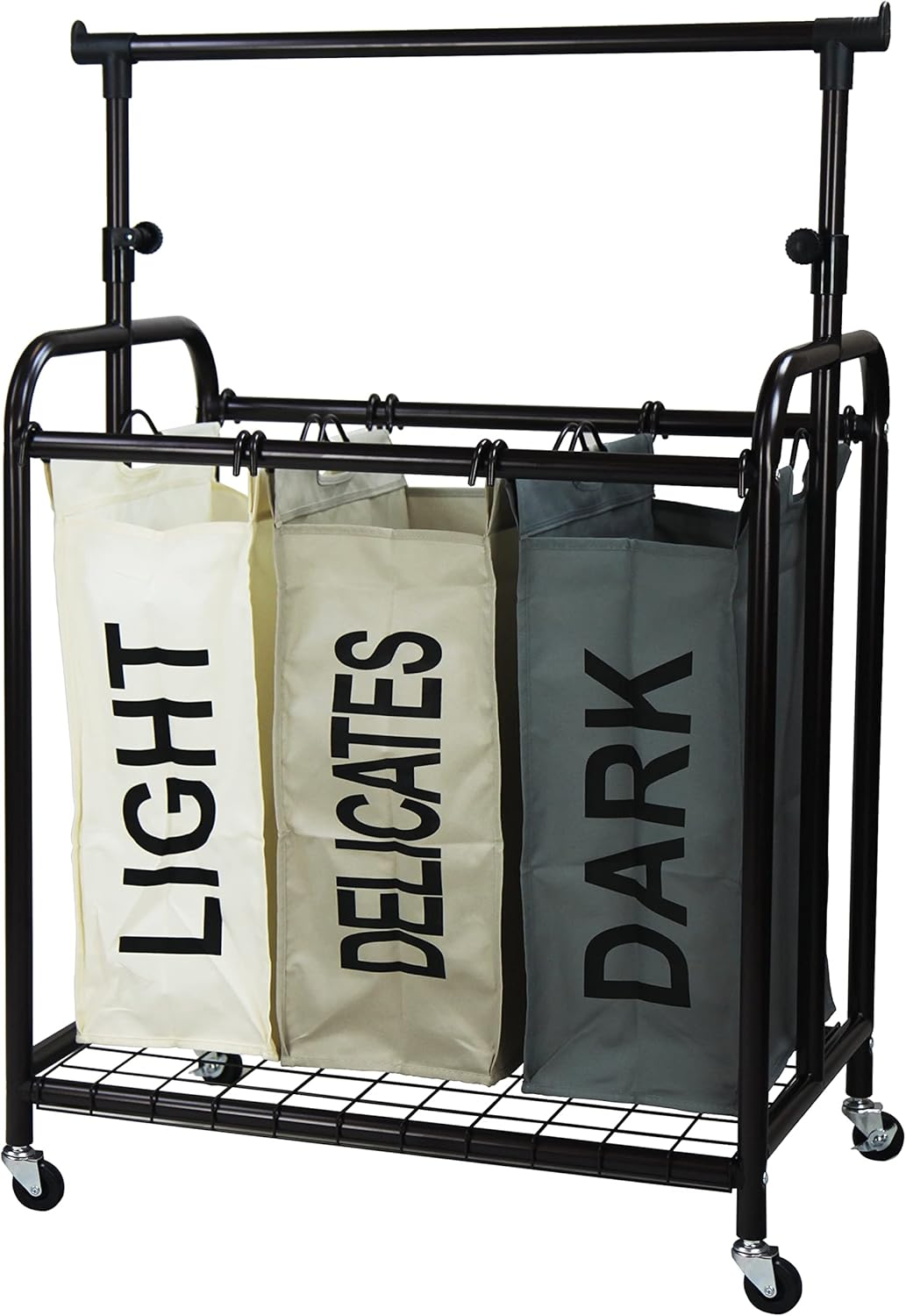 Oceanstar 3-Bag Rolling Laundry Sorter with Adjustable Hanging Bar, Color
