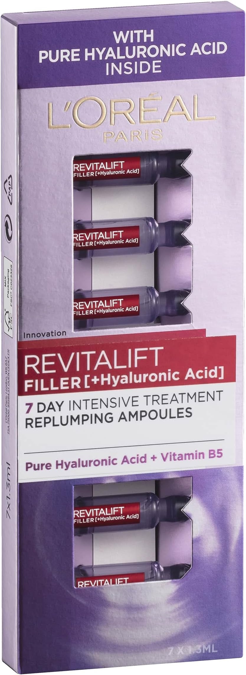 L'Oreal Paris Revitalift Filler Replumping Hyaluronic Acid Ampoules, Intensive 7-Day Treatment To visibly Smooth, Replump Skin & Reduce Fine Lines, 7 x 1.3ml